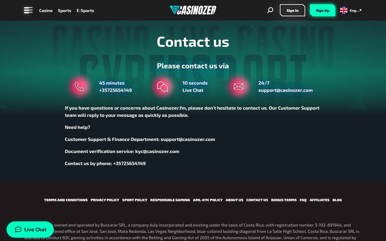 casinozer customer support